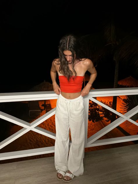 Red Tube Top Outfit, Tube Outfit, Red Bandeau Top, Red Tube Top, Holiday Fits, Tube Top Outfits, White Birkenstocks, White Linen Trousers, Linen Beach Pants