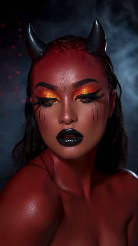 Embrace your wild side with this glam devil makeup inspiration! Featuring a fiery red glow and striking orange eyeshadow, this look is both sultry and fierce. Complete the ensemble with sharp, dramatic nails and daring horns to truly embody the spirit of the devil. Get ready to steal the spotlight! Red Face Makeup Halloween, Devil Makeup Look, Fire Makeup, Devil Makeup, Orange Eyeshadow, Red Face, Fiery Red, Halloween Makeup, Makeup Inspo