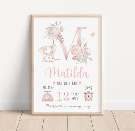 Elephant Birth, Flopsy Bunny, Birth Prints, Baby Posters, Baby Frame, Baby Drawing, Birth Details, Name Print, Baby Wall Art