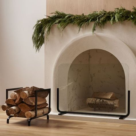 Modern Fireplace Accessories | West Elm Modern Fireplace Screen Ideas, Mediterranean Fireplace, Industrial Fireplace, Fireplace Log Holder, Fireplace Inspiration, Stucco Fireplace, Glass Fireplace Screen, Trash Pandas, House Pool