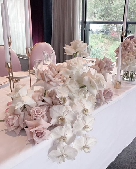 White & Blush Pink Centerpieces with Gold Dinner Candles and Assorted Glass & Marble Tealights for a Bridal Shower <3  At Aqua Luna, Sydney / Styling & Florals by Madeline Anne / @madelineanne_stylist Table Flowers Arrangements, Blush Pink Centerpieces, Bridal Table Flowers Arrangements, Bridal Table Flowers, Flowers Combination, Orchid Bridal Bouquets, Table Florals, Pink Centerpieces, Table Flower Arrangements