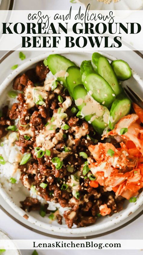 Try Korean Ground Beef Bowls for a satisfying meal that hits all the right flavor notes! Sweet and savory ground beef is served over a bed of fluffy rice and topped with spicy mayo, crisp cucumbers, and tangy kimchi. Plus, this simple weeknight dinner is ready in under 15 minutes! Ground Beef Rice Bowl, Korean Rice Bowl Recipe, Ground Beef Bowls, Beef Bowl Recipe, Rice Bowls Healthy, Korean Beef Bulgogi, Best Scalloped Potatoes, Kimchi Rice, Korean Ground Beef