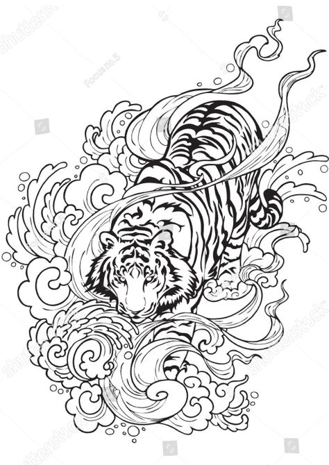 Tiger Climbing, Japanese Tiger Tattoo, Hawk Tattoo, Ornamental Vector, Japanese Tiger, Tiger Tattoo Design, Ink Doodles, Chinese Tattoo, Cloud Tattoo