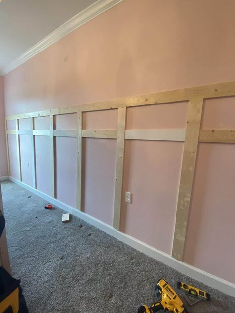 Floral Board & Batten Accent Wall - Build It Thrifty Trim Work On Walls Bedroom, Waynes Coating Ideas Nursery, Kids Room Board And Batten, Pink Wood Accent Wall, Board And Batten Wall Girls Room, Kids Accent Wall Ideas, Girl Nursery Accent Wall Ideas, Toddler Girl Accent Wall, Girls Accent Wall Bedroom