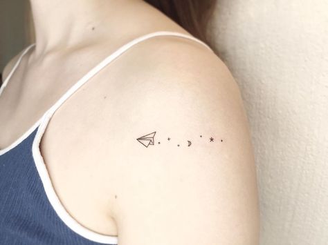 Air Plane Tattoo Ideas, Paper Planes Tattoo, Tiny Paper Airplane Tattoo, Airplane Aesthetic Tattoo, Cute Airplane Tattoo, Paper Plane Tattoos, Paper Air Plane Tattoo, Tattoos For Freedom, Paper Aeroplane Tattoo