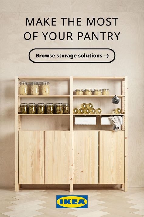 Put your kitchen supplies in instant view with our pantry organization ideas. From pantry shelves to baskets, make the most of your space. Food Storage Cabinet Ideas, Ivar Ikea Pantry, Pantry Ikea Organization, Pantry Ideas For No Pantry, Pantry Shelving Ideas Ikea, No Pantry Kitchen Organization, Ikea Pantry Shelves, Movable Pantry, Kitchen Pantry Ideas Freestanding