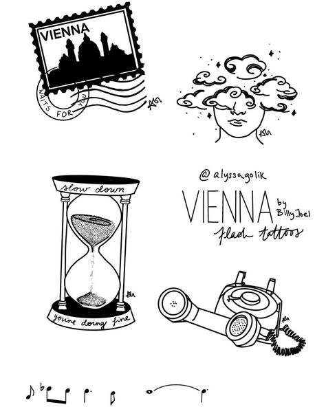 Alyssa on Instagram: ““Vienna” by Billy Joel flash tatts because what else would I be doing on a sunday? guess the lyrics for each in the comments!” #vienna #billyjoel #tattoodesign #flashtatt Vienna Tattoo, Vienna Waits For You, Song Tattoos, Lyrics Tattoo, Lyric Tattoos, Cute Tiny Tattoos, Tattoo Font, Music Tattoos, Dainty Tattoos