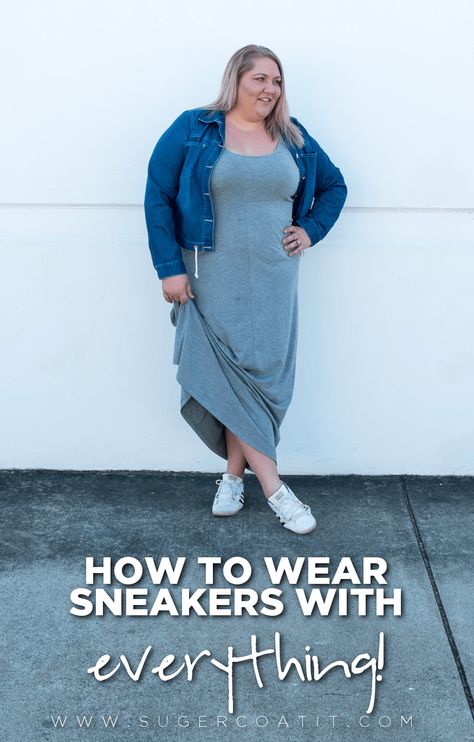 A quick guide for wearing sneakers with everything! | www.sugercoatit.com Plus Size Summer Outfits With Sneakers, Plus Size Summer Outfits Dresses, Plus Size Outfits With Sneakers, Dresses With Tennis Shoes, Casual Plus Size Outfits, How To Wear Sneakers, Fall Fashion Skirts, Vans Outfit, Striped Skirt Pencil