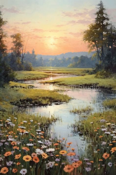 Dewy Meadow Gouache Painting Peaceful Pastel Wildflower Landscape Print Revitalizing Earthy Color Palette Calm Creek Reflection Wall Art A serene sunrise over a blooming meadow, reflecting on a tranquil stream surrounded by lush greenery and vibrant flowers. | Sky Rye Design Landscape Artwork Nature, Abstract Acrylic Landscape, Meadow Aesthetic Painting, Meadow Color Palette, Landscape Photos To Paint, Painting Reference Photos Landscape, Buddha Birth, Calm Paintings, Earthy Paintings