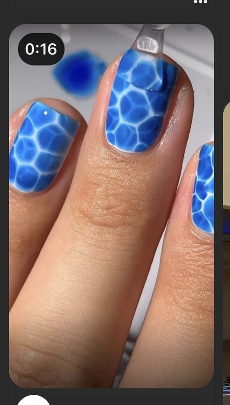 Blue Nail Art For Short Nails, Water Effect Nail Art, How To Do Pool Water Nails, Gel Paint Nail Art, Blue Nails Pattern, Swimming Pool Nail Art, Pool Themed Nails, How To Do Water Effect On Nails, How To Do Pool Nails