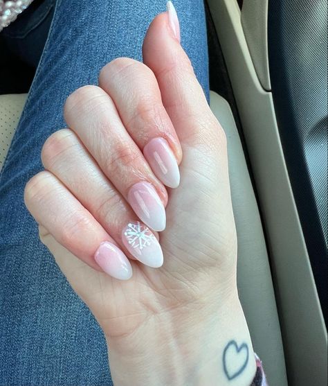 Pink and white ombre nails with snowflakes almond nails White Snowflake Nails Almond, Ombre Nails With Snowflakes, Ombre Snowflake Nails, Pink And White Ombré Nails, White Ombré Nails, Nails With Snowflakes, Pink And White Ombre Nails, White Ombre Nails, Pink And White Ombre