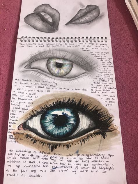 Different mediums eye Art GCSE Gcse Sketchbook, Mind Map Art, Human Body Art, Art Alevel, Gcse Art Sketchbook, A Level Art Sketchbook, Drawing Eye, Observational Drawing, Animal Rabbit