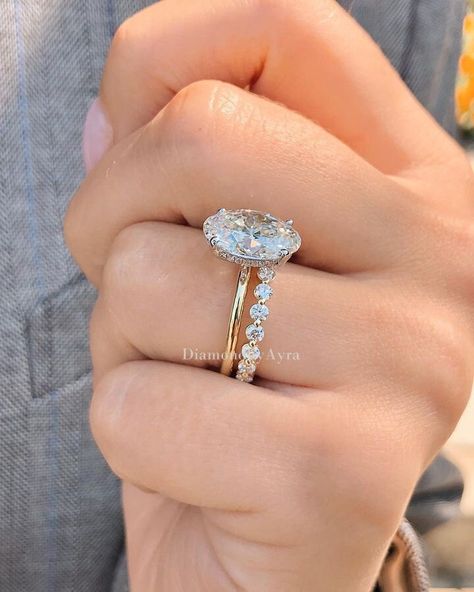 ✥ 3 CT Oval Cut Moissanite Engagement Ring 14K Gold Moissanite Bridal Ring Set For Her Wedding Set Rings Oval Bridal Set Round Eternity Band | Oval Cut Moissanite Solitaire Wedding Ring Set With Full Round Cut Band | Dainty Oval Diamond Ring Set | Bubble Prong Set Band | Promise Ring For Her. ✥ S T O N E S ↣ Shape : Oval Cut Moissanite ↣ Color : Colorless ↣ Clarity : VVS ↣ Size : 3.00 CT ↣ Measurement : 12x8 MM ↣ Luster : Excellent ↣ Make : High Quality ✥ S I D E S T O N E S ↣ Shape : Round Cut Oval Wedding Ring Set Gold, Wedding Band With Oval Engagement Ring, Wedding Bands For Oval Engagement Rings, Oval Engagement Ring Stack, Oval Diamond Ring Settings, Oval Bridal Set, Round Eternity Band, Solitaire Wedding Ring Set, Wedding Set Rings