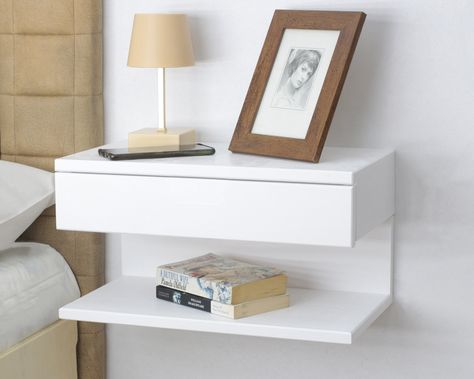 Floating Shelves Bedside, Wall Mounted Drawer Shelf, Floating Storage Bedroom, No Room For Nightstand Modern, Bedroom With No Bedside Table, Bedside Table Small Space Modern, White Floating Bedside Table, Small Table Beside Bed, Bed Side Shelf Floating Nightstand