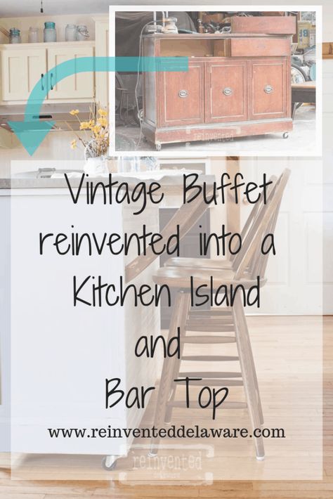 Vintage Buffet Kitchen Island Kitchen Island Made From Antique Buffet, Buffet Kitchen Island, Upcycle Kitchen, Antique Sideboard Buffet, Diy Buffet, Buffet Kitchen, Sideboard Upcycle, Diy Sideboard, Furniture Makeover Inspiration