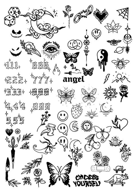 Edgy Tattoo Flash Sheet, Small Doodle Tattoo Ideas, Simple Patch Work Tattoos, Patchwork Tattoo Flash Sheet, Flash Tattoo Designs Grunge, Patchwork Tattoo Ideas Minimal, Messy Tattoo Style, Small Tattoos Flash, Scatter Tattoos