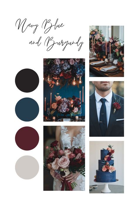 Navy blue and burgundy wedding table decor with bold florals. December Wedding Burgundy And Navy, Winter Wedding Burgundy And Navy, Navy Blue And Silver Color Palette, Black And Navy Wedding Theme, Navy And Purple Wedding Colors, Navy Blue Winter Wedding Theme, Jewel Toned Winter Wedding, Midnight Blue Color Combination, Burgundy Palette Colour Schemes