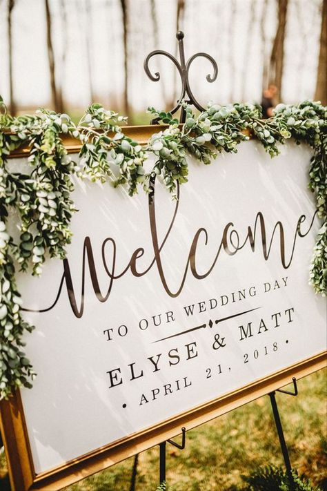 50 Chic Wedding Welcome Sign Ideas Welcome Sign Wedding Ceremony, Welcome Sign Gold Frame, Garden Wedding Entrance Decor, Wedding Signs For Reception Gold Frame, Welcome Sign Weddings, Wedding Sign In Frame, Wedding Signs With Greenery, Wedding Day Signs Diy, Welcome To Wedding Sign Entrance