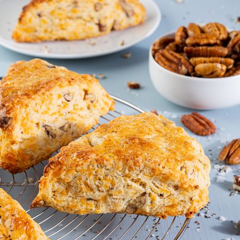 Black Pepper, Cheddar, and Pecan Scones Pecan Scones, Cheese Scones, Scones Ingredients, Savory Scones, Cheese Pairings, Sharp Cheddar, Sharp Cheddar Cheese, Breakfast Bake, Breakfast Breads