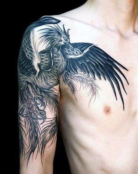 Phoenix shoulder tattoo designs cool images for men and women Male Phoenix Tattoo, Phoenix Tattoo Arm, Phoenix Tattoo Men, Tattoo Japonais, Man Arm, Phoenix Tattoo For Men, Fenix Tattoo, Tattoo Side, Rabe Tattoo