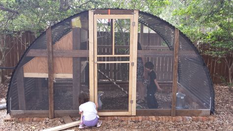 This one is easy!  We had an old trampoline frame in the back yard.  We just reconfigured the... Repurposed Trampoline, Trampoline Backyard, Raising Ducklings, Rabbit Colony, Recycled Trampoline, Outdoor Aviary, Old Trampoline, Chicken Tips, Natural Gardening