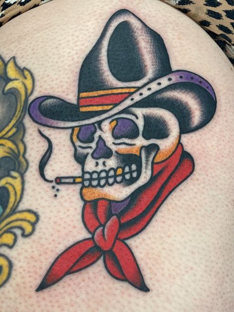 American Traditional Skull Cowboy, Cherry Skull Tattoo Traditional, Traditional Tattoo Art Skull, American Trad Cowboy Tattoo, American Traditional Bull Skull Tattoo, American Trad Forearm Tattoo, Old School Tattoo Cowboy, American Traditional Tattoos Spooky, Good Luck Horseshoe Tattoo