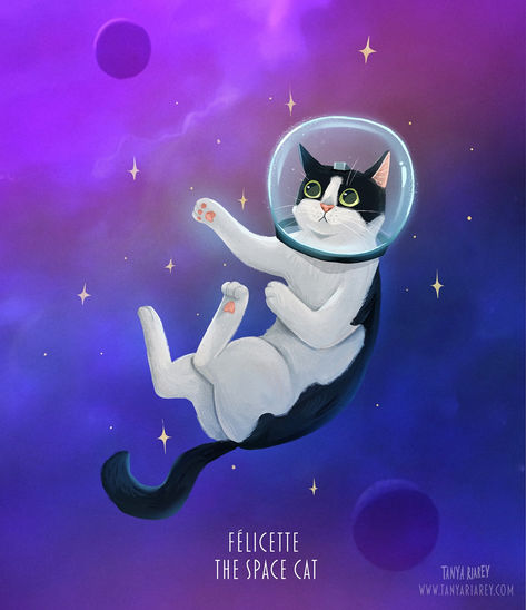 Cats In Space Drawing, Space Cat Illustration, Felicette Space Cat, Space Cat Drawing, Animated Space, Cat Portrait Tattoos, Cats In Space, Astronaut Drawing, Cat In Space