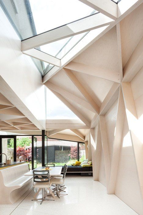 Plywood frames create a triangle pattern inside extension Small Victorian House, Veranda Design, Dublin House, Two Storey House, Victorian House, Design Del Prodotto, House Extensions, Terrace House, Ceiling Design