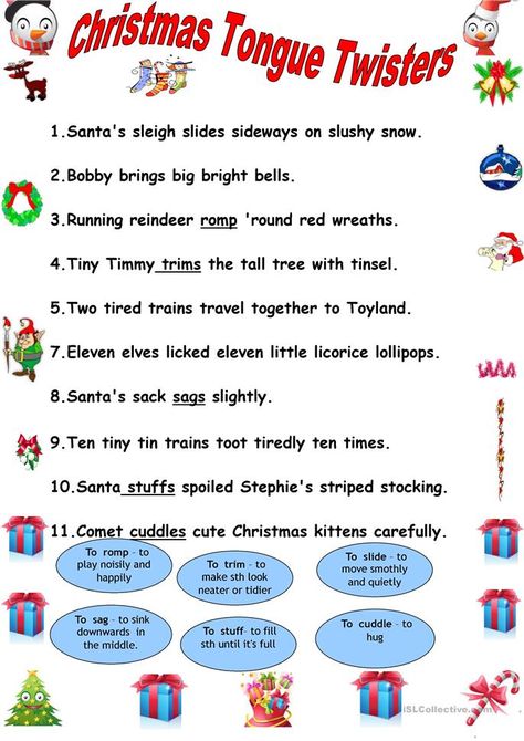 Funny Tongue Twisters, Tongue Twisters For Kids, Xmas Games, Christmas Lesson, English Christmas, Christmas Teaching, Christmas Reading, Christmas Worksheets, Tongue Twisters