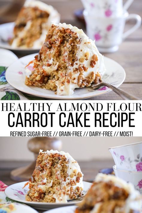 Holistic Meals, Almond Flour Carrot Cake, Gluten Free Carrot Cake Recipe, Dairy Free Carrot Cake, Almond Flour Desserts, Carrot Cake Recipe Healthy, Sugar Free Cake Recipes, Refined Sugar Free Desserts, Paleo Carrot Cake