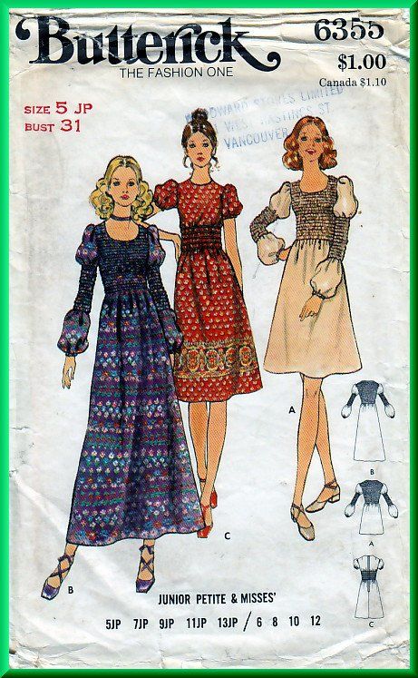 Butterick 6355 CUT Vintage Sewing Pattern Sz 5JP Juniors' Petites' Dress Short Long Smocked Bodice Smocked Dress Sewing Pattern, 70s Maxi Dress Vintage, 70s Sewing Patterns, Vintage Clothes Patterns, 1970s Sewing Patterns, 60's Dress, Seventies Fashion, Butterick Sewing Pattern, 20th Century Fashion