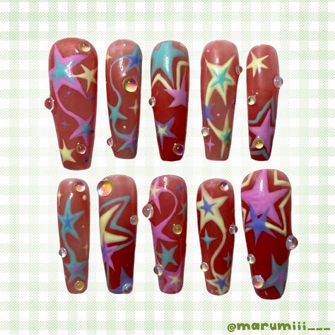 Nails gel Green Star Nails, Star Nails Y2k, Starburst Nails, Harajuku Nails, Really Cute Nails, Gem Nails, Press Ons, Star Nails, Dream Nails