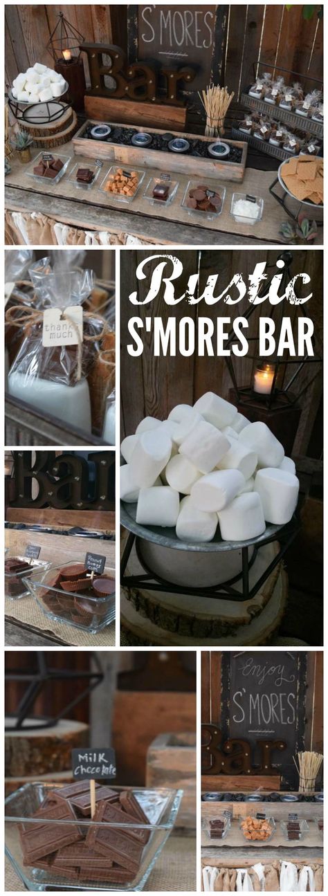 This rustic s'mores bar station was at a backyard wedding! See more party ideas at CatchMyParty.com! Smores Bar, Rustic Wedding Decorations, Bar Station, Rustic Party, S'mores Bar, Ideas Backyard, בר מצווה, S'mores, Picnic Party