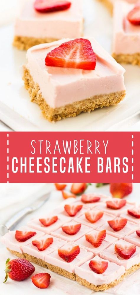 An easy no-bake Valentine's Day dessert recipe idea! Strawberry Cheesecake Bars are silky smooth squares made with fresh strawberries and only seven ingredients. Surprise your sweetheart with this fancy dessert! Pin this romantic dinner idea for two at home! Dinner Idea For Two, Dessert Saint Valentin, Cheesecake Strawberry, Strawberry Cheesecake Bars, Valentines Recipes Desserts, Low Carb Cheesecake, Valentine Desserts, Valentines Day Desserts, Fancy Desserts