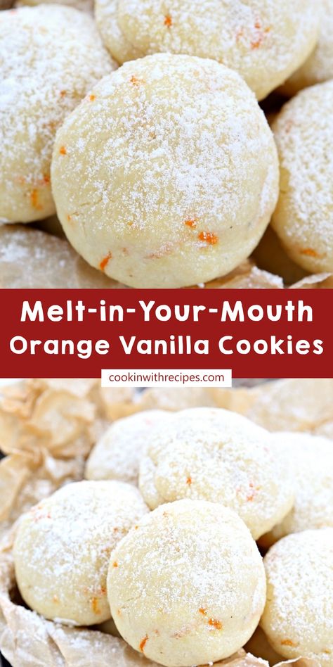 Melt-in-Your-Mouth Orange Vanilla Cookies Recipe - Cooking with Recipes Orange Vanilla Cookies, Orange Wedding Cookies, Orange Zest Cookies, Orange Cookies Recipes, Tea Foods, Vanilla Cookie Recipe, Vanilla Desserts, Vanilla Bean Paste, Healthy Cookie