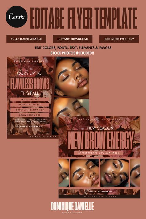 Fully customizable Fall Template, Affordable and beginner-friendly. Instantly Downloadable with no design skills needed. 💁🏽‍♀️ Edit colors, elements, backgrounds and text to you liking. Beauty Flyer, Skincare Logo, Social Media Flyer, Brow Artist, Brow Wax, Brow Bar, Brow Tinting, Brow Lamination, Social Media Templates