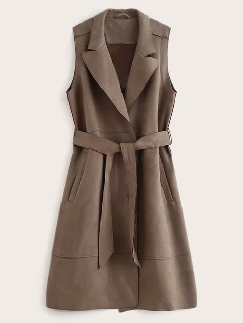 Suede Lapel Neck Belted Sleeveless Trench Coat | SHEIN Sleeveless Trench Coat, Trench Vest, Sleeveless Trench, Clothes Sewing, Suede Fashion, Stylish Clothes, Belted Trench Coat, Belted Coat, Stylish Clothes For Women