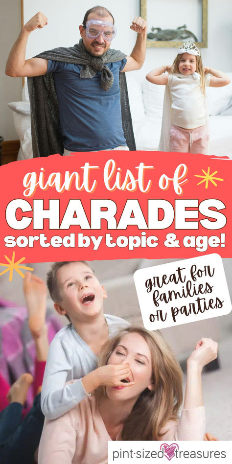 These charade ideas are perfect for the entire family! Toddlers, kids, tweens, teens, and adults will love playing charades for hours! Dig into all the fun ideas that make family night or a holiday full of giggles and laughs! Family Charades Ideas, Diy Charades, Charade Ideas Funny, Kids Charades, Charade Ideas, Charades For Adults, Family Charades, Charades Ideas, Charades For Kids