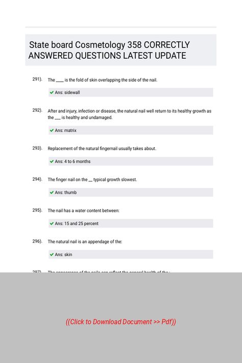 State board Cosmetology 358 CORRECTLY ANSWERED QUESTIONS LATEST UPDATE   Follow Link above to Download the document (pdf) State Board Cosmetology, Cosmetology Notes, State Board, Cosmetology School, Cosmetology, Online Classes, Latest Updates, Natural Nails, Self Love