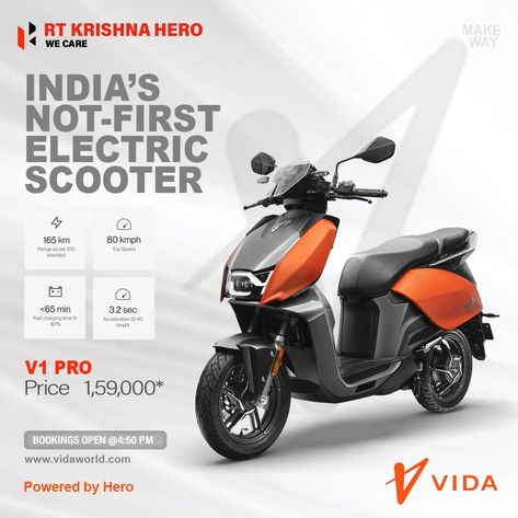 Vida V1 electric scooter launched! Bookings Start Today at evening @4:50 PM. 👉 Top speed 80kmph 👉 Fast charging : 1.2km/min 👉 Range : 165km (Pro) / 143km (Plus) 👉 0-40kmph Acceleration : 3.2s (Pro) / 3.4s (Plus) 👉 7" Touch screen 👉 Cruise control 👉 Two way throttle 👉 Keyless control 👉 SOS Alert The Plus is priced at Rs 1.45 lakh, and the Pro at Rs 1.59 lakh (ex-showroom). @heromotocorp @vidadotworld #LaunchAlert #VidaV1 #hero #vida #herovida #electric #escooter #scooter #EV #instad Folder Graphic Design, Electric Scooter Design, Motorcycle Artwork, Electric Bike Battery, Scooter Design, Bike Poster, Poster Ads, Creative Poster Design, Doodle Sketch