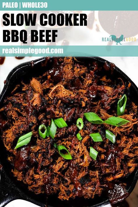 This Paleo and Whole30 slow cooker BBQ beef is easy to prep and oh so delicious thanks to a tangy and tantalising Whole30 compliant BBQ sauce! Serve it with anything and it's a perfect freezer meal for meal prep. The perfect slow cooker dinner recipe and we give you instant pot instructions too! | realsimplegood.com #paleo #whole30 #slowcooker #instantpot #easy #roast #mealprep Whole30 Slow Cooker, Chicken Enchilada Soup Crock Pot, Slow Cooker Bbq Beef, Easy Roast, Slow Cooker Dinner Recipes, Slow Cooker Teriyaki, Crockpot Pulled Pork, Slow Cooker Bbq, Paleo Crockpot