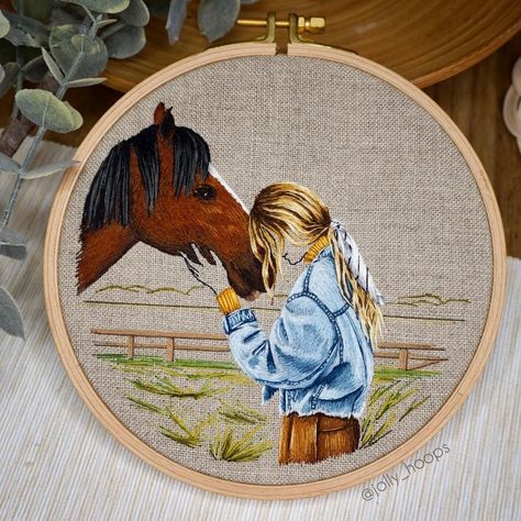 Sila Gur | “Girl&The Horse” 6-inch #hoopart 🤎🤎🤎 #wejustneedlove #love #horselover #horselove #horselovers #embroidery #handembroidery #handmade #hoop… | Instagram Wooden Embroidery Hoops, Contemporary Embroidery, Embroidered Canvas, Natural Linen Fabric, Thread Painting, Modern Cross Stitch Patterns, Blanket Stitch, Embroidery Hoop Art, Modern Cross Stitch