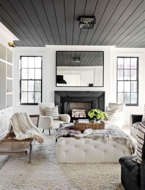 Turn an ordinary space into something extraordinary by painting a ceiling in your home in an unexpected color. Here are six ceiling paint colors that we're loving! Tamara Magel, Black And White Living Room, Coastal Living Rooms, White Living, White Living Room, Family Room Design, Cool Ideas, A Living Room, Design Living