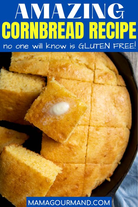 Gluten Free Cornbread recipe is southern-style cornbread with a light, sweet, cakelike texture. Only a few simple ingredients are required to enjoy a cornbread so good no one will realize it's gluten free! This recipe also has adaptations to make it dairy free. #glutenfree cornbread #recipe #easy #muffins #dairyfree #sweet #stuffing Gluten Free Cornbread Muffins, Gluten Free Cornbread Recipe, Jiffy Mix, Gluten Free Cornbread, Pain Sans Gluten, Gluten Free Recipes Bread, Cornbread Recipe, Gluten Free Recipes For Dinner, Gluten Free Dairy Free Recipes