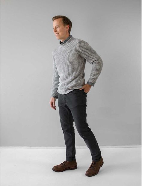 men outfit ideas gray sweater charcoal gray jeans brown chippewa boots Light Grey Sweater Outfit Men, Dark Gray Jeans Outfit Men, Grey Sweater Outfit Men, Gray Sweater Outfit Men, Gray Shirt Outfit Men, Gray Jeans Outfit Men, Grey Sweater Outfit Mens, Black Jeans Outfit Winter, Gray Shirt Outfit