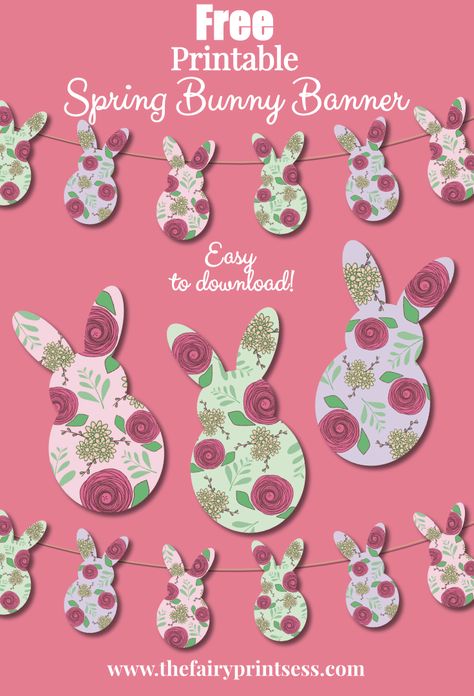 Free printable spring bunny banner-great for Easter crafts, DIY, and decorating! This printable features a purple, pink, and blue pastel floral design.  It includes an easy to download PDF file. Vintage Easter Printables, Bunny Banner, Easter Birthday Party, Paper Garlands, Easter Bunny Cookies, Spring Banner, Easter Shirts, Farmhouse Easter, Easter Decorating