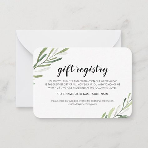 Rustic Elegant Greenery Gift Registry Card  Zazzle Registry Wedding, Wedding Invite, Enclosure Cards, Wedding Website, Rustic Elegance, Our Wedding Day, Gift Registry, Our Wedding, Place Card Holders