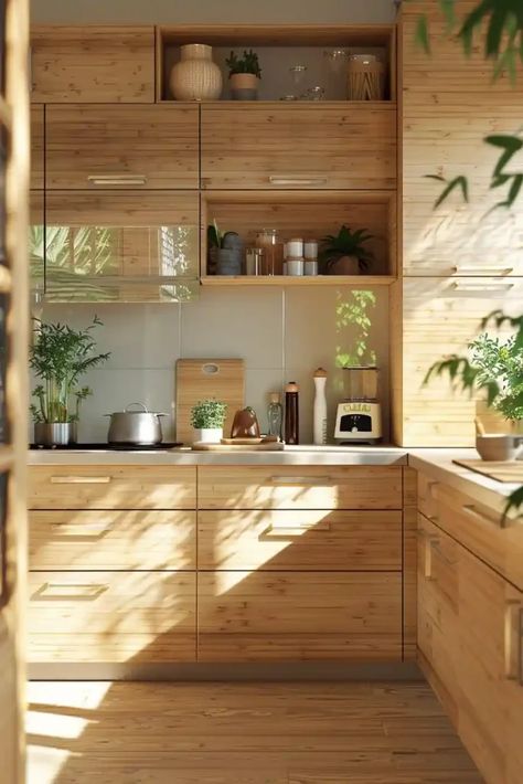 Bamboo Kitchen Cabinets, Japanese Style Kitchen, Modern Kitchen Renovation, Bamboo Cabinets, Kitchen Cabinet Ideas, Bamboo Kitchen, Warm Aesthetic, Dining Room Remodel, Cabinet Style