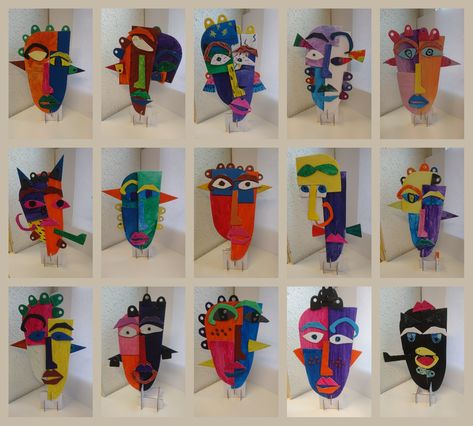 Picasso Mask, Picasso Mask Art Project, Picasso Collage, Picasso Kids, Picasso Portraits For Kids, Pablo Picasso African Masks, Picasso Elementary Art, Picasso Portraits, Art Picasso