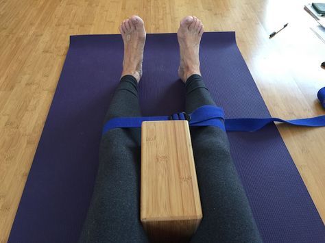 "Place a yoga block between your knees and a yoga strap around your gastrocnemius." Knock Knees Exercises, Knock Knees Correction, Genu Valgum, Exercises For Knee Pain, Knee Replacement Exercises, Bow Legged Correction, Knock Knees, How To Strengthen Knees, Knee Problem